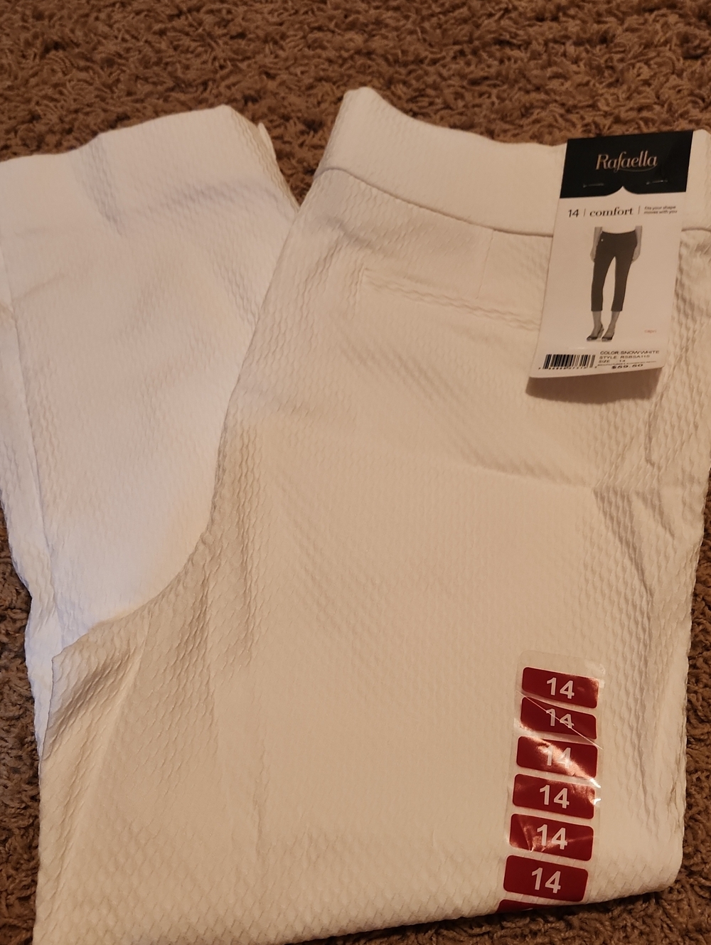 NWT Rafaella White Capri Comfort Pants Textured Size 14
